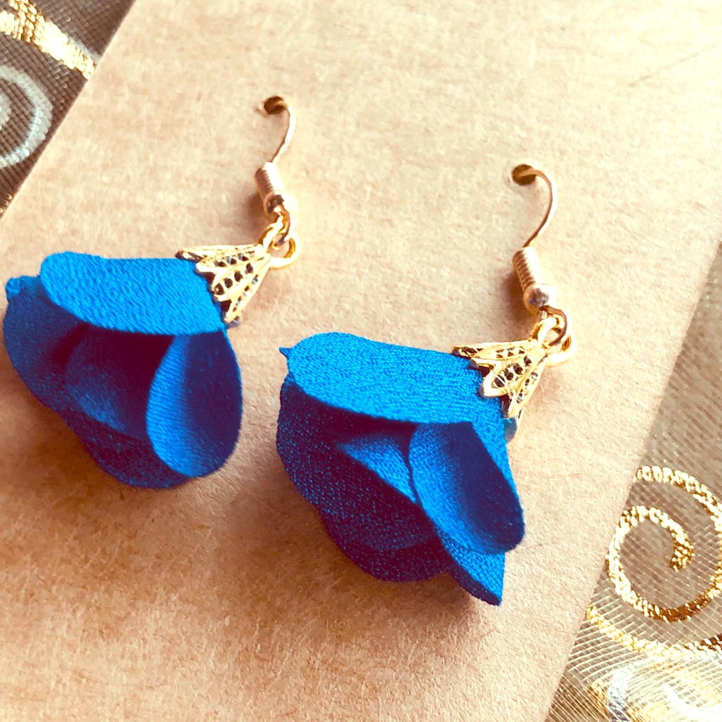 Blue And Gold Flowered Dangly Earrings